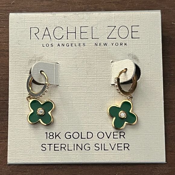 Rachel Zoe Green Clover 18K Gold Over Sterling Silver‎ Earrings New - Picture 1 of 2
